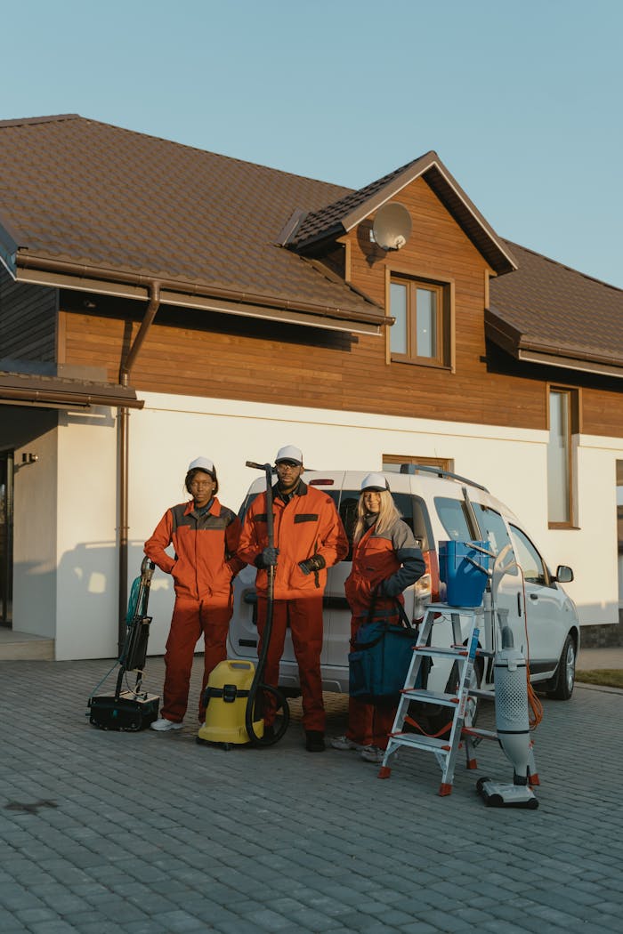 hero-img-01 Cleaning crew in uniforms with equipment standing outside a modern house.